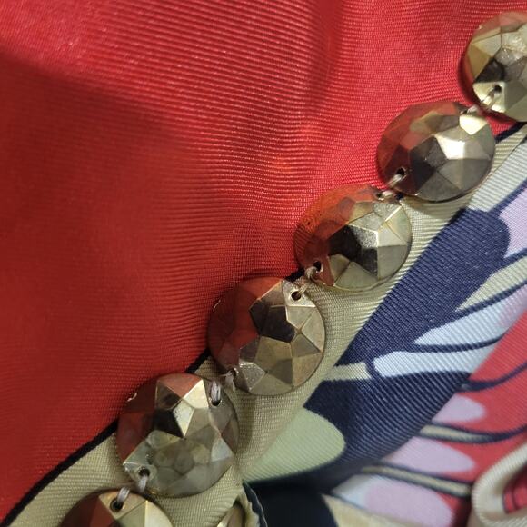 TIBI Silk Print Tunic Yellow Colorful Peacock Jeweled Studs Blue Cutouts Birds 6 - Picture 13 of 16